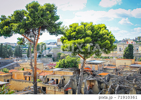 Ruins of the ancient Roman city of Herculanum on the shores of the Gulf of Naples 71910361