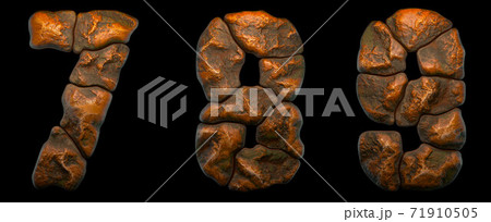 Set of rocky numbers 7, 8, 9. Font of stone on black background. 3d 71910505