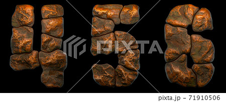 Set of rocky numbers 4, 5, 6. Font of stone on black background. 3d 71910506