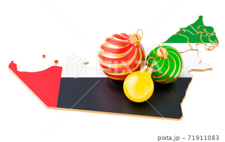 the UAE map with colored Christmas balls. New Year and Christmas holidays concept, 3D rendering the UAE map with colored Christmas balls. New Year and Christmas holidays concept, 3D rendering 71911083