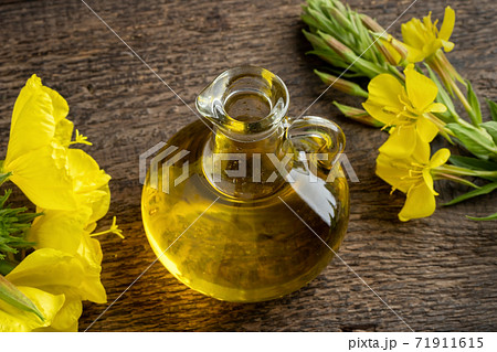 A bottle of evening primrose oil with blooming evening primrose plant A bottle of evening primrose oil with blooming evening primrose plant 71911615