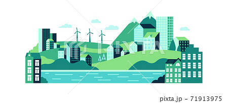 Eco urban city landscape with buildings, hills and mountains. Sustainable energy supply with windmills 71913975