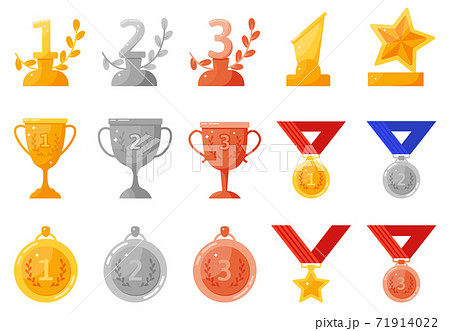 Trophy medals and cups. Gold, silver, bronze rewards, competition achievement, first, second, third place winning prize vector symbols set 71914022