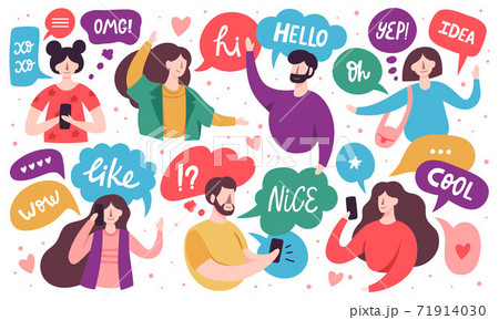 Chatting characters. Social networking, people chatting, virtual relationships and business chat. Communicating characters vector illustrations 71914030