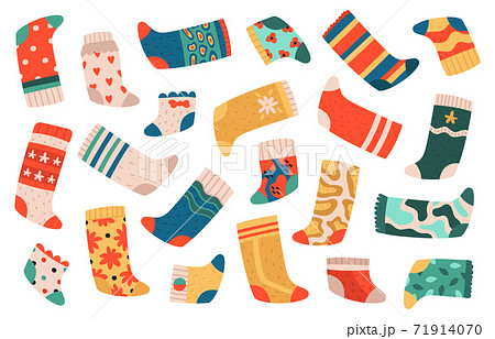 Kids socks. Cute colorful cotton socks, textile dotted and striped trendy clothes, wool comfort kids wear vector illustration set Kids socks. Cute colorful cotton socks, textile dotted and striped trendy clothes, wool comfort kids wear vector illustration set 71914070