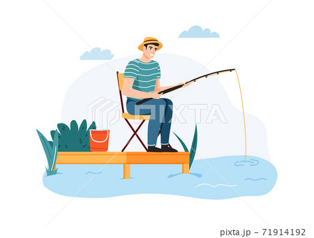 Fisher Man Holding Fishing Rod in the Boat, Season Fishing. Vector Cartoon  Character on Holiday, Trip. Illustration Stock Vector - Illustration of  background, fisher: 138751978