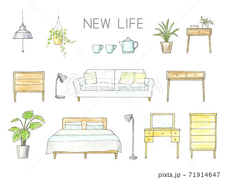 NEW LIFE 新生活　インテリア　家具　水彩イラストセット　ベクター 71914647
