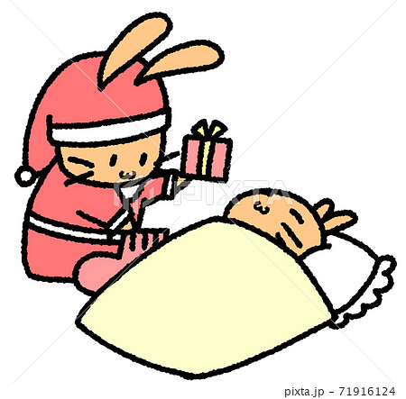 寝ている子うさぎの靴下にプレゼントを入れるうさぎのサンタ(茶色) 寝ている子うさぎの靴下にプレゼントを入れるうさぎのサンタ(茶色) 71916124