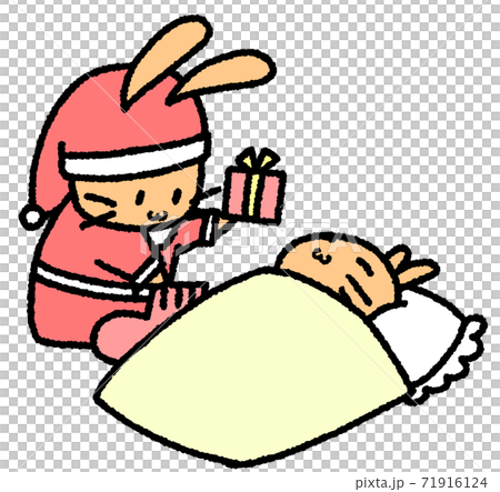 寝ている子うさぎの靴下にプレゼントを入れるうさぎのサンタ(茶色) 寝ている子うさぎの靴下にプレゼントを入れるうさぎのサンタ(茶色) 71916124