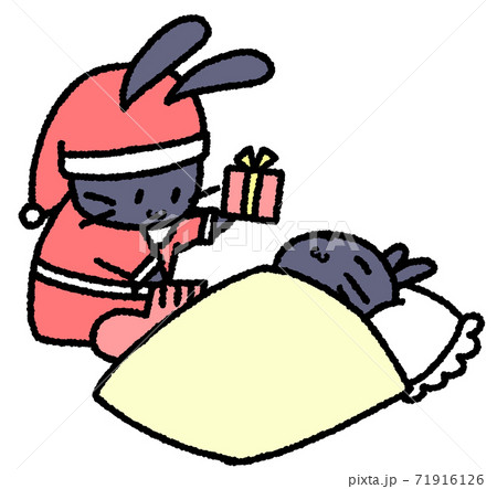 寝ている子うさぎの靴下にプレゼントを入れるうさぎのサンタ 黒色 のイラスト素材