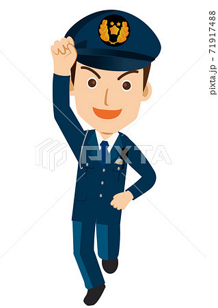 働く人ジャンプ ガッツポーズをする警官 警察官 お巡りさんのイラスト若者青年飛躍成功のイラスト素材