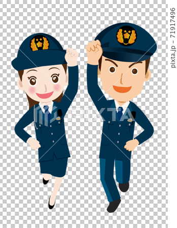 働く人ジャンプ ガッツポーズをする男女警官婦人警官 警察官 お巡りさんのイラスト若者青年飛躍成功のイラスト素材