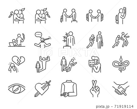Betray line icon set. Included icons as betrayal, betrayer, bad deal, Perfidy, Revenge, fake, bad deal, business, black company, liar  and more. 71919114