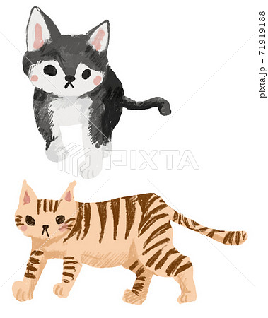 縞模様の猫と白黒の猫の手描きイラストのイラスト素材