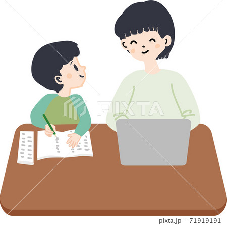 勉強する子供とパソコンをする母のイラストのイラスト素材