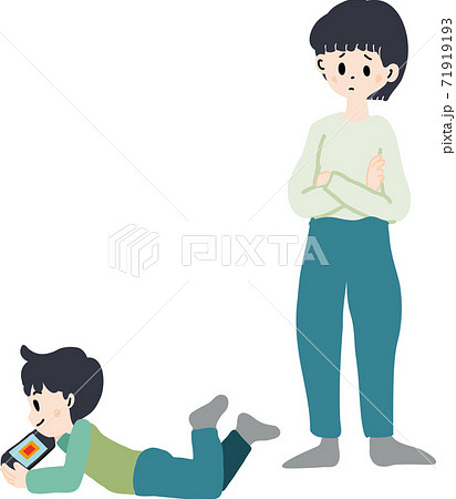 寝転んでゲームをする子供と困っている母親のイラストのイラスト素材
