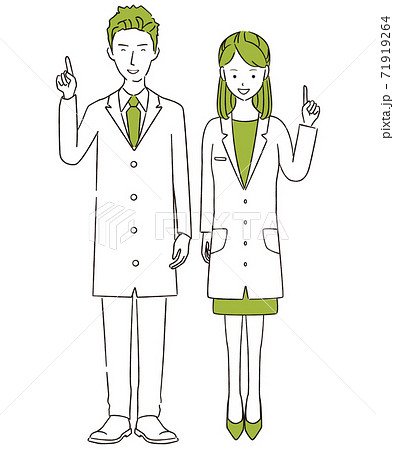 手描き1color 男女ペア 白衣 指差しポイントアドバイスのイラスト素材 手描き1color 男女ペア 白衣 指差しポイントアドバイスのイラスト素材