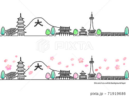 シンプル手書きの春の京都の街並み線画セットのイラスト素材