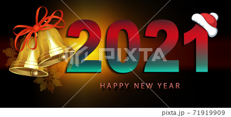 Christmas texture composition, happy new year 2021, silhouette of bells and snowflakes in golden hue 71919909