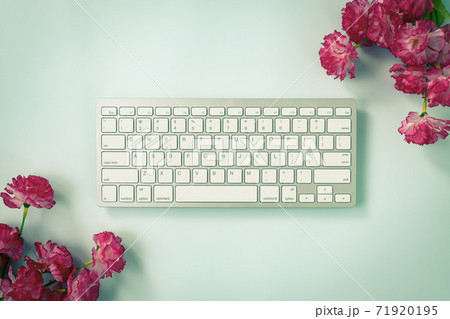 Portable Computer Keyboard and Red Flower at Top Right and Bottom Left Corner in Vintage Tone Portable Computer Keyboard and Red Flower at Top Right and Bottom Left Corner in Vintage Tone 71920195