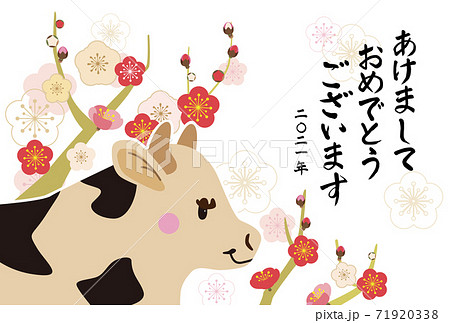 梅の花と横を向いている丑の年賀状のイラスト素材