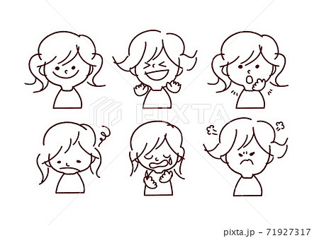 6種類の表情の手書き風女の子イラスト 線画バージョンのイラスト素材