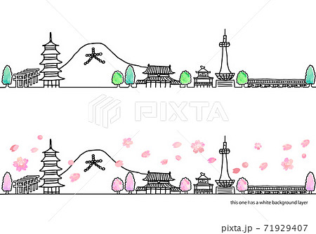 シンプル手書きの春の京都の街並み線画セット ピンクのイラスト素材