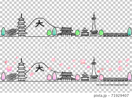 シンプル手書きの春の京都の街並み線画セット/ピンク 71929407