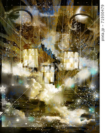 夜空に輝く月と街灯と冬の木々のシルエットファンタジー背景風景イラストのイラスト素材