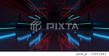 Abstract architectural minimalistic background. Laser show in the ultraviolet spectrum. Modern  impulse tunnel. Futuristic space sci-fi frame neon backlight. 3D illustration and rendering. 71931881