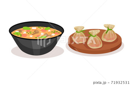 Creamy Soup in Bowl and Stuffed Dumplings on Wooden Board Vector Set 71932531