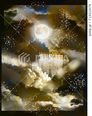木々のシルエットと夜空に輝く満月と雲と西洋の城の風景画 木々のシルエットと夜空に輝く満月と雲と西洋の城の風景画 71932676