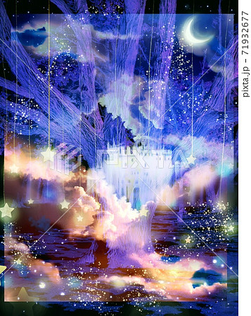 木々のシルエットと夜空に輝く三日月と雲と西洋の城の風景画 71932677