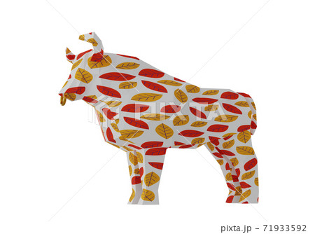 Statuette of a simplified polygonal Bull with autumn leaves ornament, folded paper animal figurine, a symbol of the new year 2021, 3d render 71933592