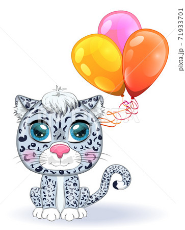 Cartoon snow leopard with expressive eyes. Wild animals, character, childish cute style. 71933701