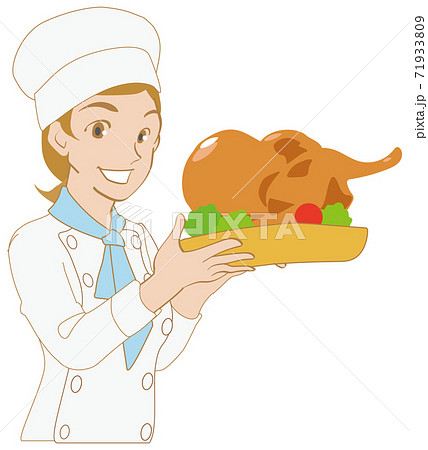 七面鳥の丸焼きを持つ料理人の女性のイラスト素材