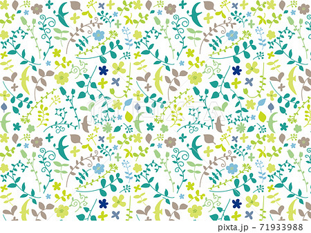 北欧風 シルエット草花と鳥柄のパターン グリーンベース のイラスト素材