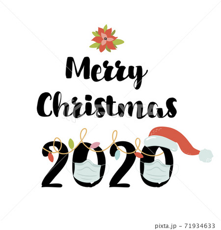 Merry Christmas 2020 phrase with medicine mask. Merry Quarantine Christmas wishing New year quarantine party element. 71934633