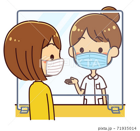 アクリル板越しに話す女性　病院　看護師　イラスト 71935014