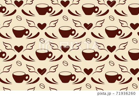 Romantic seamless pattern. Love for coffee concept. Stylish texture with beans, hearts, cup silhouette, flourish leaves. Brown color illustration on beige background 71936260