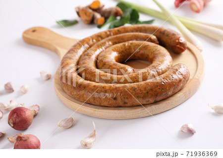 Local Northern Thai food , Northern Thai spicy sausage street food isolated in white background 71936369