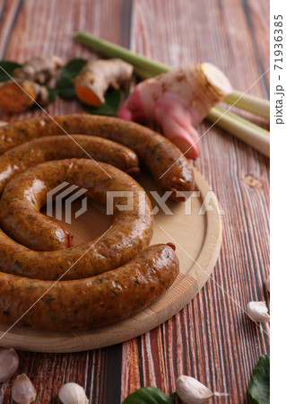 Local Northern Thai food , Northern Thai spicy sausage street food isolated in white background 71936385