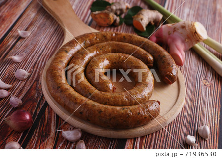 Local Northern Thai food , Northern Thai spicy sausage street food isolated in white background Local Northern Thai food , Northern Thai spicy sausage street food isolated in white background 71936530