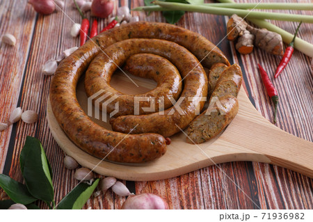 Local Northern Thai food , Northern Thai spicy sausage street food isolated in white background 71936982