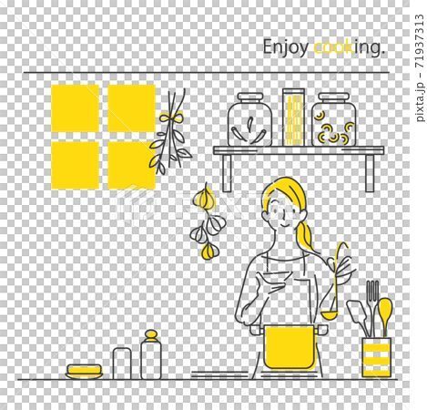 シンプルでお洒落な手描きのイラスト 楽しく料理をしている女性のイラスト素材 シンプルでお洒落な手描きのイラスト 楽しく料理をしている女性のイラスト素材