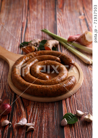 Local Northern Thai food , Northern Thai spicy sausage street food isolated in white background Local Northern Thai food , Northern Thai spicy sausage street food isolated in white background 71937503