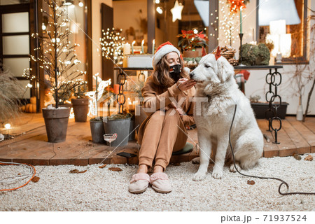 Woman on self-isolation celebrating New Year holidays with her dog at home 71937524
