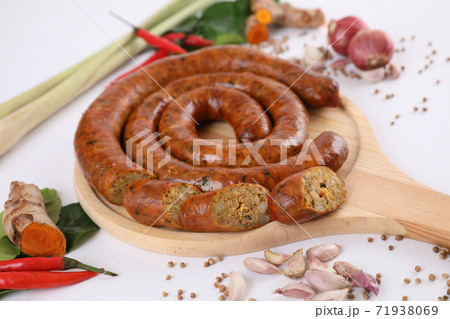 Local Northern Thai food , Northern Thai spicy sausage street food isolated in white background Local Northern Thai food , Northern Thai spicy sausage street food isolated in white background 71938069