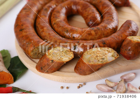 Local Northern Thai food , Northern Thai spicy sausage street food isolated in white background 71938406