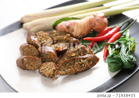 Local Northern Thai food , Northern Thai spicy sausage street food isolated in white background 71938435